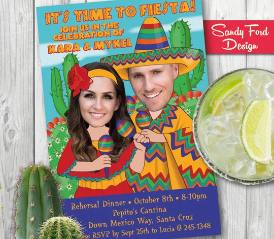 Mexican Fiesta Invitation For 2 People - Engagement Party Rehearsal Dinner Personalized With Your Photo Digital File