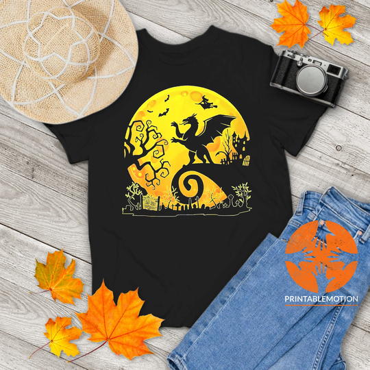 Dragon With Scary Moon Mountain Bat Ghost Witch Halloween Vintage T-Shirt, Shirt, Gift, Gift Tee For You & Your Family