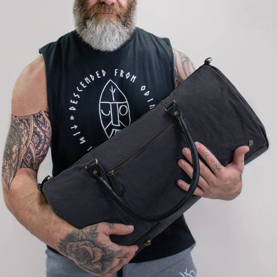 Gym Duffle Bag Handmade Black Waxed Canvas & Full Grain Leather Weekend - Overnight Casual Personalised By Mahi