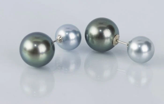 Tahitian - 8x11.5mm Round Bright Tahitian Pearls 18 K White Gold Earrings