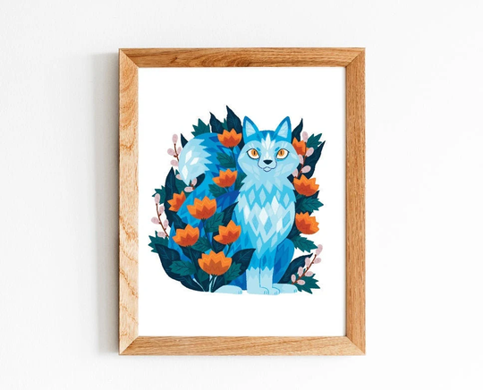 Blue Wolf in Flowers 8.5 By 11, 8 10, Wall Art, Animal Illustration, Artwork, Decor, Wolf, Canine, Simple Graphic Art