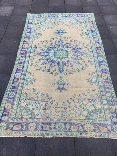6x10 Ft Area Rug, Vintage Large Turkish Vintage Rug Bedroom Area Kitchen Bohemian Blue & Beige Rug