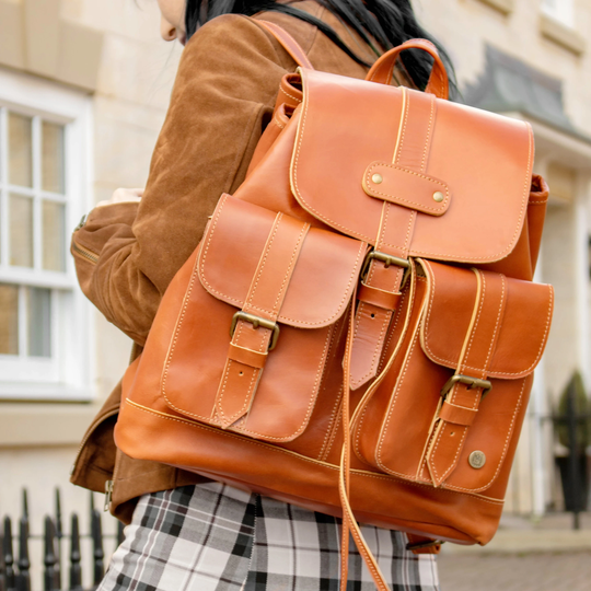 Personalized Buffalo Leather Backpack/Rucksack With Pockets & Drawstring in Tan Brown Unisex Womens Mens Handmade By Mahi
