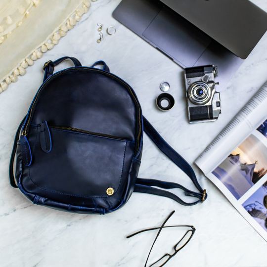 Mini Backpack - Personalized Navy Blue Full Grain Leather Small Casual Work Rucksack For Her Handmade With Monogram Initials By Mahi
