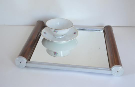 Art Deco French Mirror Tray - Small Vintage Wood Metal & Serving Drinks 1930S With Wooden Handles