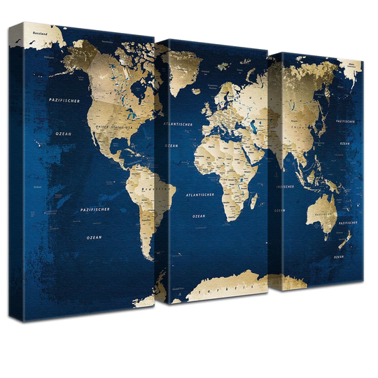 World Map Ocean - 3 Piece Graphic Art Print Set on Canvas