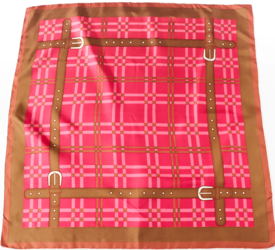 Belt Motif/Plaid Vintage Silk Scarf - Pink Brown Graphic Art Print Blumer Carre Large