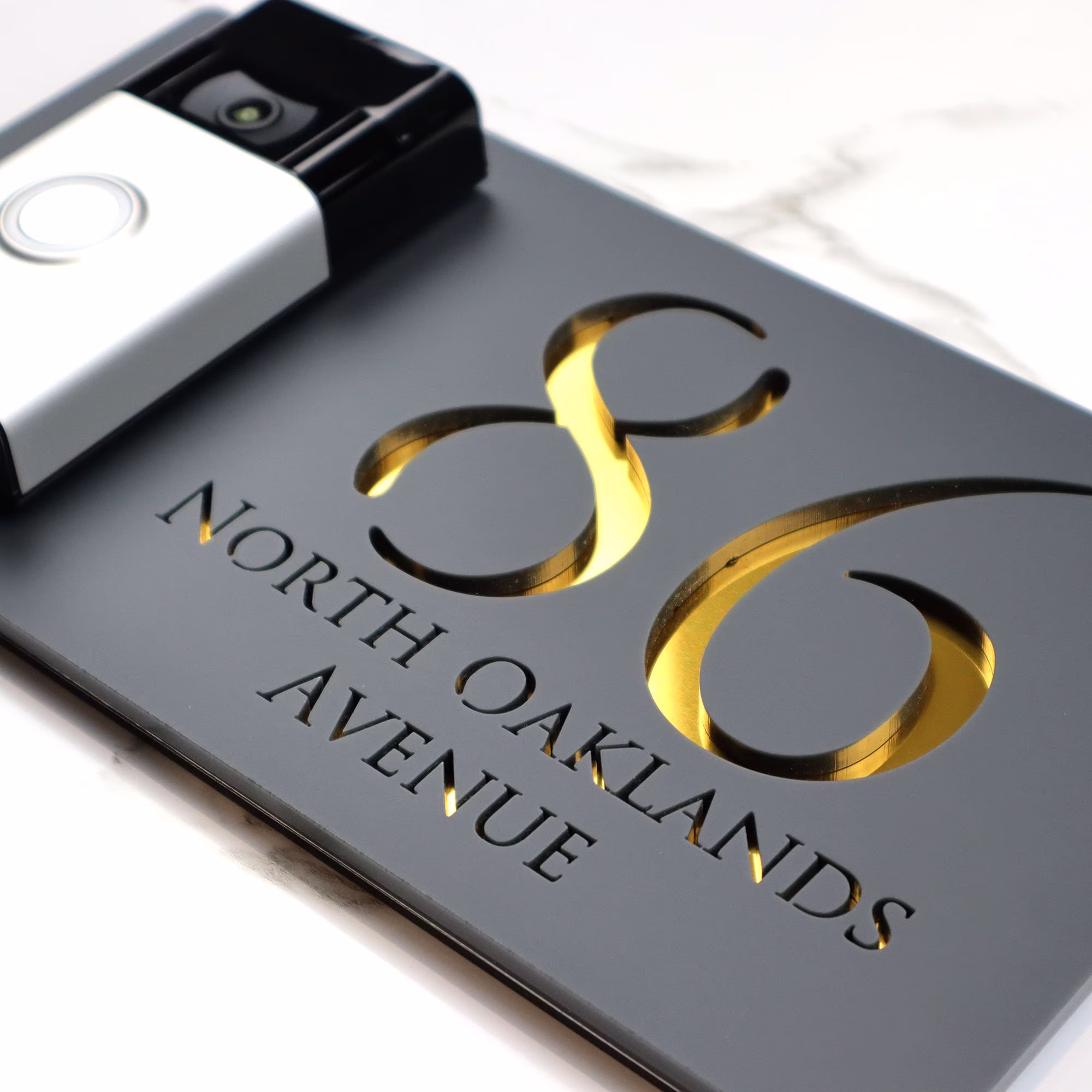K Smart Sign | Bellissima Db Ring Nest Video Doorbell Laser Cut Matt Dark Gray Ral7016 Anthracite & Gold Mirror Floating House Signs