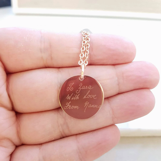 Handwriting Necklace, Rose Gold Engraved Pendant, Custom Engraving Jewellery, Word Hand Writing Remembrance Gift, Nanny