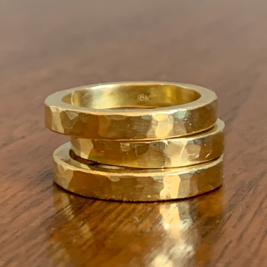Hand Milled Hammered Forged Thick & Chunky 22K 18K 14K Stacking Wedding Flat Wire Ring Band, Yellow Gold, 4mm Wide