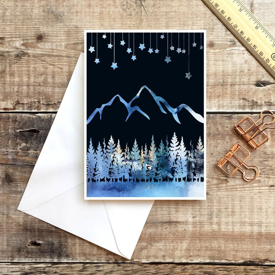 Mountain Range Card, Thank You Card Set, Birthday Christmas Nature Stars, Blank All Occasions