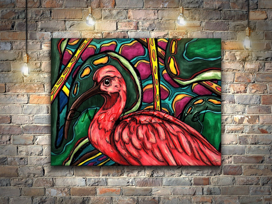 Ibis Painting Colorful Wall Art, Scarlet Ibis Bird Art Print On Stretched Canvas, Jungle Canvas For Maximalist Decor
