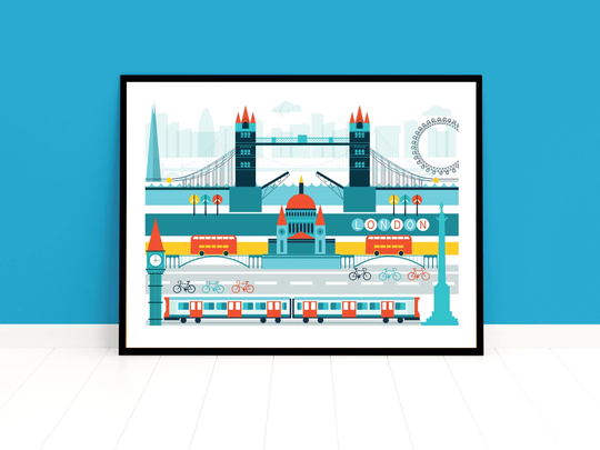 London Cityscape Graphic Illustration A3 & A4 Print | Underground Big Ben Eye St Paul's The Shard Trafalgar Square