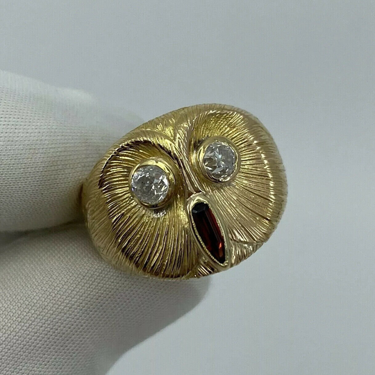Vintage Rare Italian Handmade Diamond & Garnet Owl 18K Yellow Gold Ring 15.4G