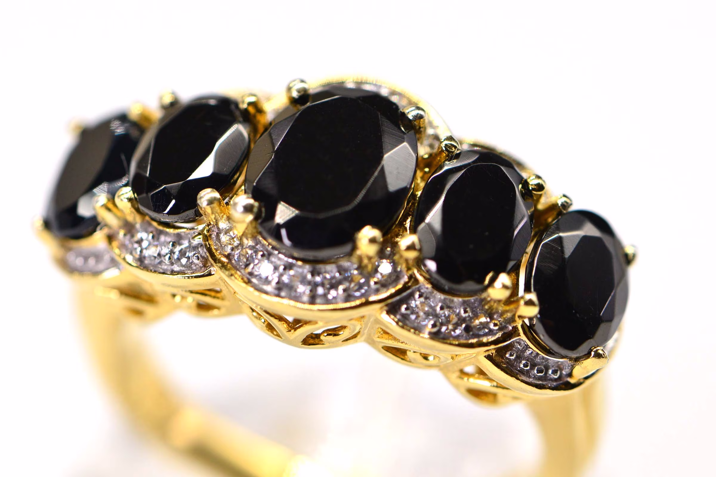 Black Onyx Multi Gemstone Cluster Ring in 14K Yellow Gold Vermeil 5 Stone Oval Family Gift Filigree Set