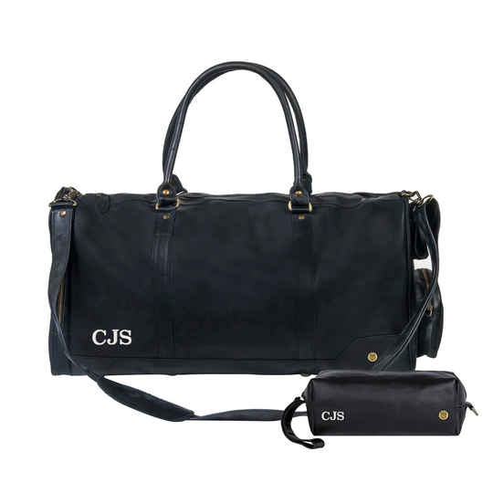 Personalized Gift Set Leather Holdall & Dopp Kit | Duffle & Wash Bag Combo With Monogram Initials in Black Or Brown Full Grain