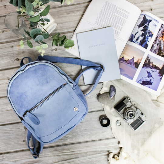 Mini Backpack - Personalized Baby Blue Soft Suede Leather Small Classic Nubuck Rucksack For Her Handmade With Monogram Initials By Mahi