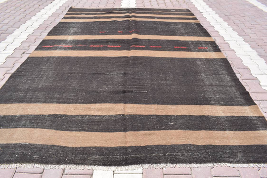7x10 Goat Hair Kilim, Large Area Rug, 7x10 Vintage Rug, Handmade Rug, Striped Brown Black Kilim Turkish Rug, 7'0x10'3 Ft, 434-K