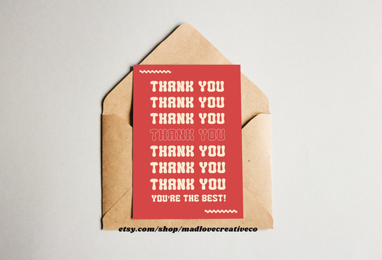 Thank You Card | Red - Illustrated Greeting Cards, Quirky Cute Thank You Blank Friend Card, Red A7
