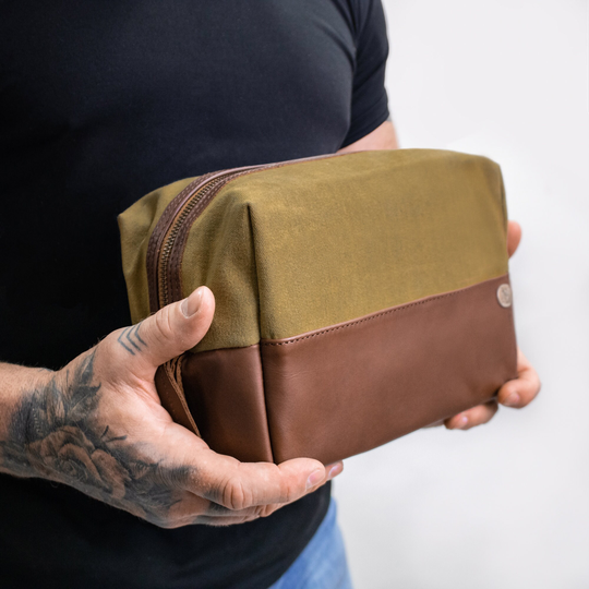 Personalized Wax Canvas & Leather Wash Bag in Khaki Green Brown - Men's Shaving Kit Dopp Handmade By Mahi