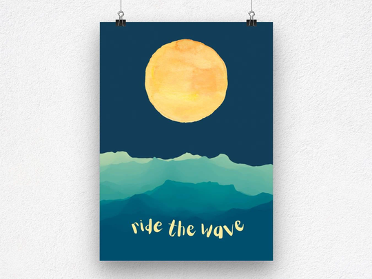 Ride The Wave Wall Art - Digital Watercolor Print Ocean Scape Moon & Waves