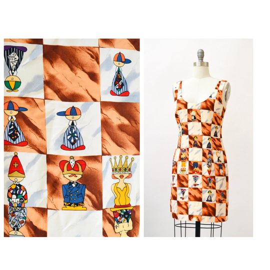 90S Vintage Nicole Miller Silk Dress With Chess Queen Checkers Print// Size Small By Queens Gambit