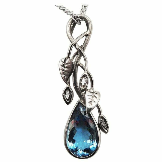 4.15Ct Handmade Unique Fine Blue Pear Aquamarine Diamond 18K White Gold Pendant