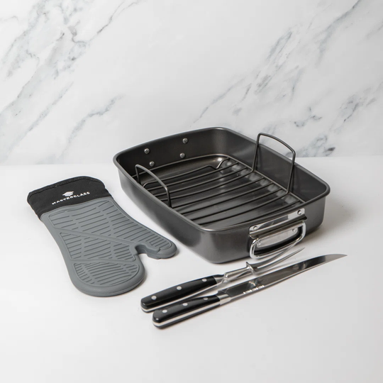 MasterClass Roasting Pan with Rack, Two Piece Carving Set & Waterproof Silicone Single Oven Glove