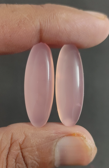 Rose Quartz Chalcedony Pair Of Cabochon, Long Oval Cabs, 7x14 Mm To 12x36 Calibrated Gemstone Pair, Loose Pink Chalcedony
