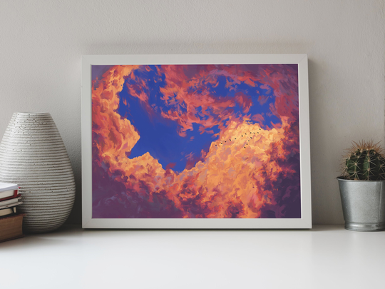 Fine Art Print - Sunset Landscape With Birds Oil Painting A4 A5