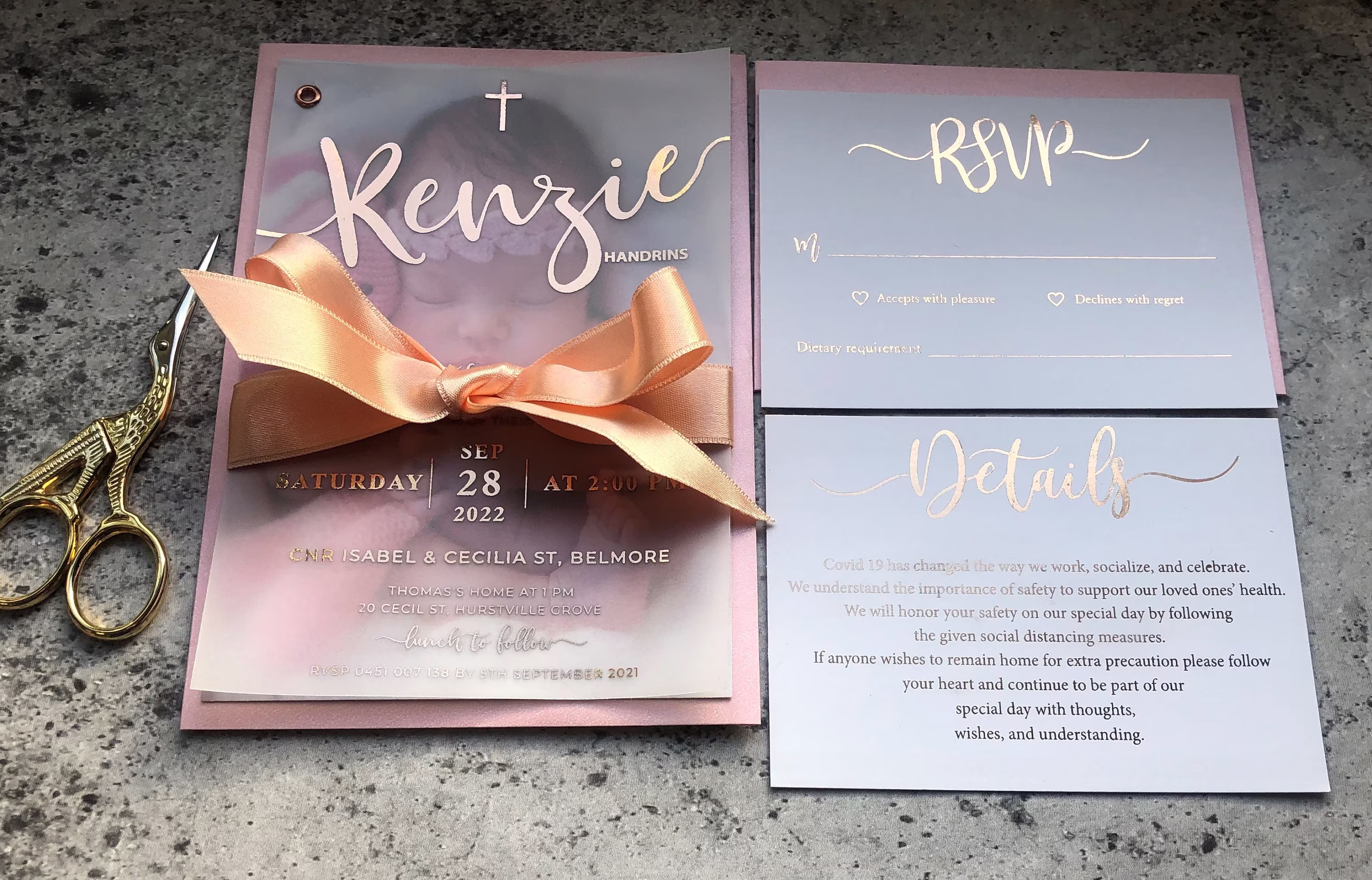 Foiled Baptism Invitations, Vellum Christening Invitation & Photo , Gold Rose Silver Foil