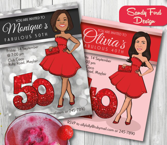 Woman's Birthday Party Invitation Little Red Dress - 21st, 30Th, 40Th, 50Th Birthdays Or Any Age Illustrated From Your Photo Digital File