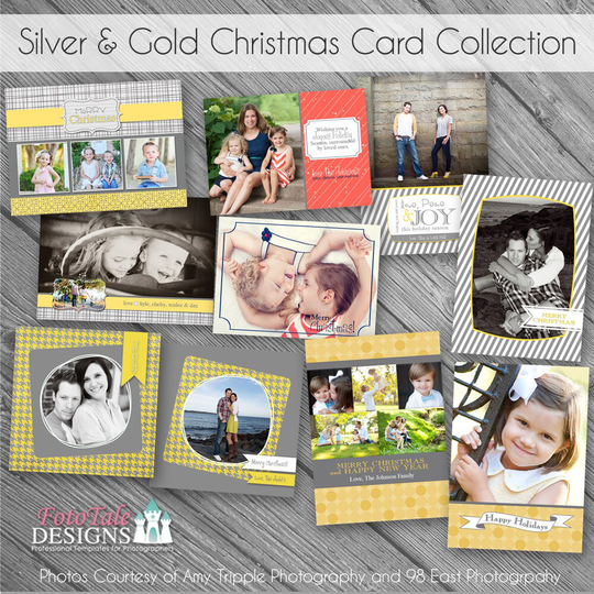 Silver & Gold Christmas Card Collection - Set Of 5 Photo Card Templates For Photographers On Whcc Specs