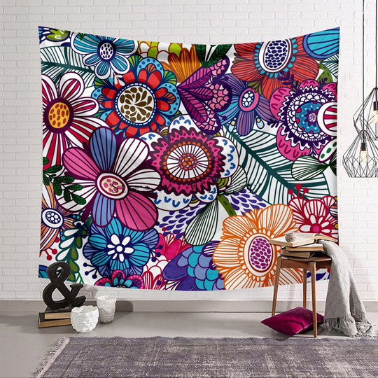 Colorful Flowers Floral Tapestry | Graphic Botanical Garden Wall Hanging Art Home Decor For Bedroom Living Room