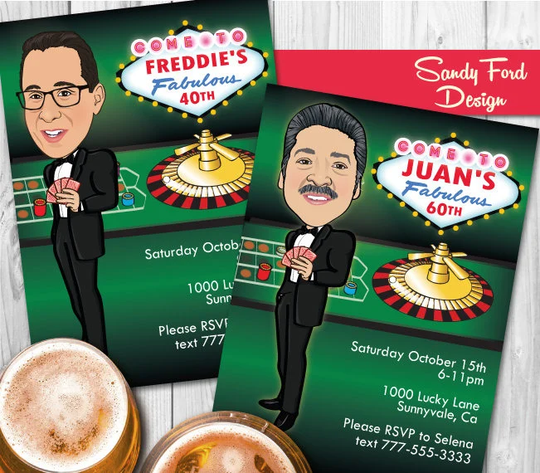 Man's Casino Birthday Party Invitation - 21st, 30Th, 40Th, 50Th, 60Th, Any Age Illustrated From Your Photo Digital File