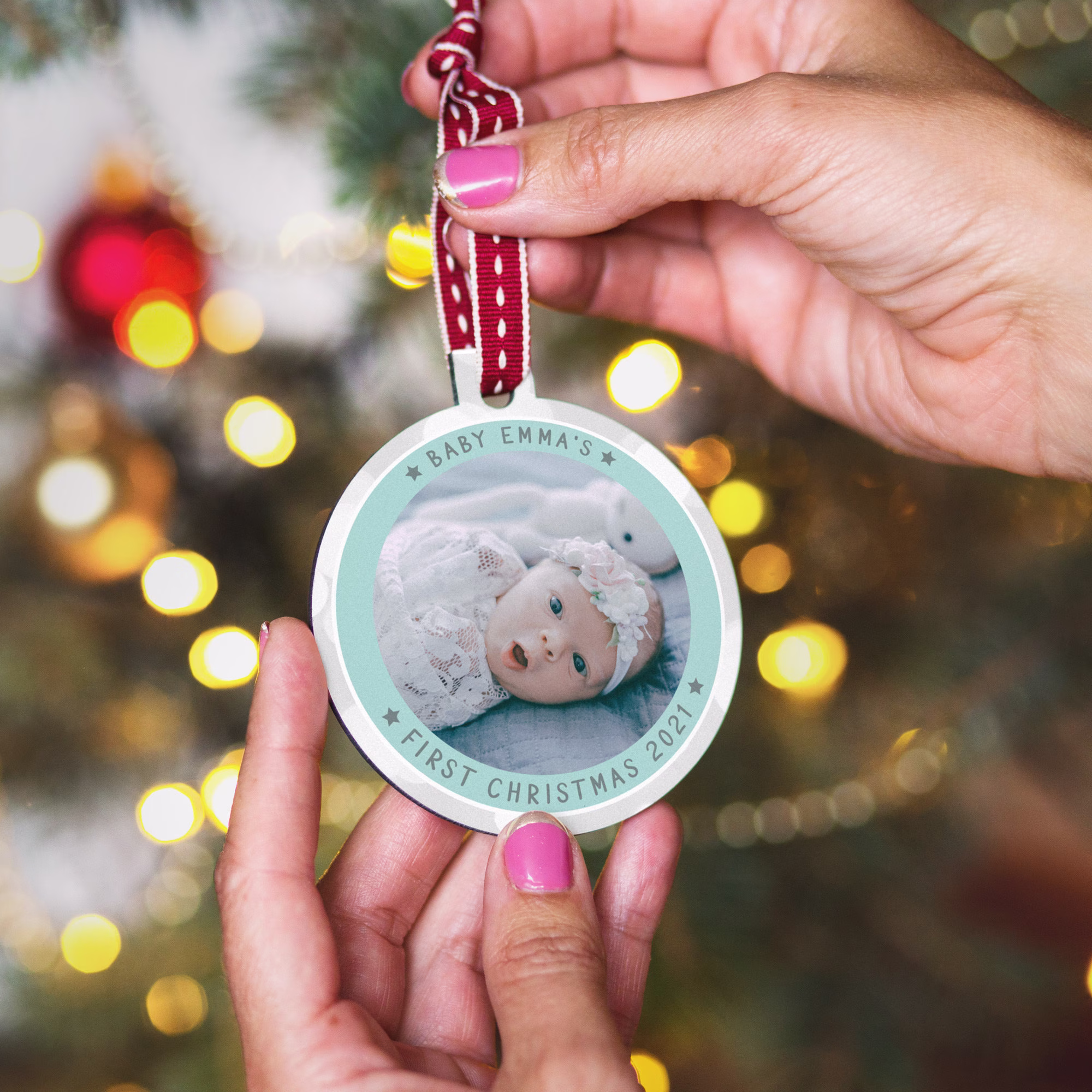 Custom Baby's First Christmas Photo Bauble, Personalised Pastel Bauble For New Baby, Tree Decoration
