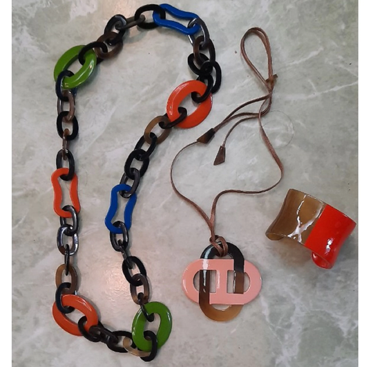 Set Of 3 Beautiful Horn & Lacquering Bracelet, Chain, Pedant; Handmade, Jewelry, Gift For Her