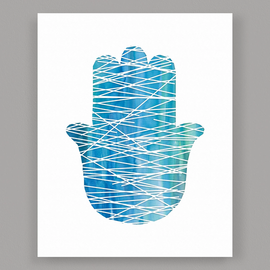 Blue & Green With White Lines Hamsa Hand Digital Papercut Blue Watercolor Background - Graphic Art Print