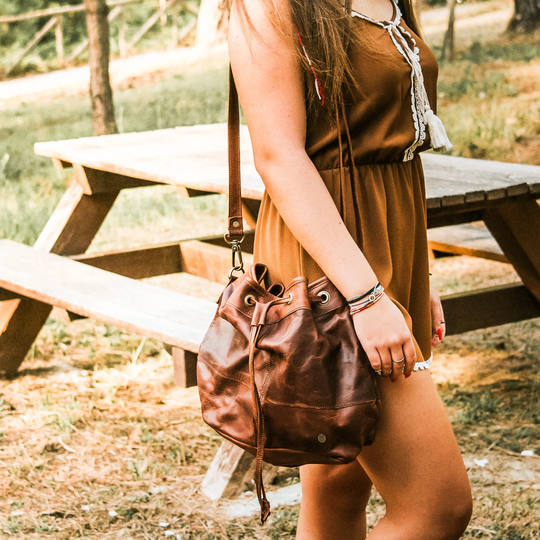 Personalized Leather Bucket Bag With Drawstring - Classic Cross Body in Vintage Brown Handmade Full Grain By Mahi