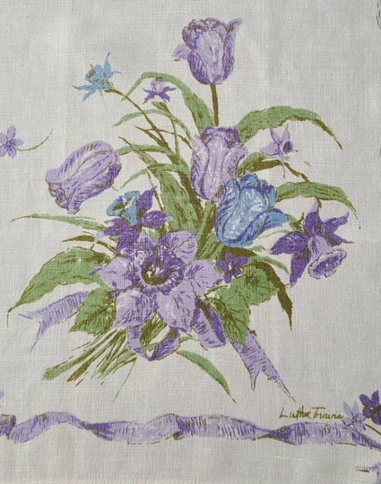 Vintage Signed Luther Travis Linen Kitchen Tea Towel Or Topper, Purple & Blue Floral Bouquet Ribbons