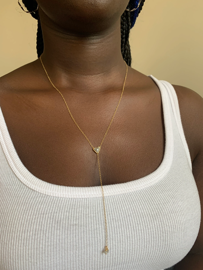 One Of Kind Genuine Light Grey Diamond Y Lariat Chain, 18K Solid Gold, Bezel Set Triangle Diamond, White Raw Cube Drops