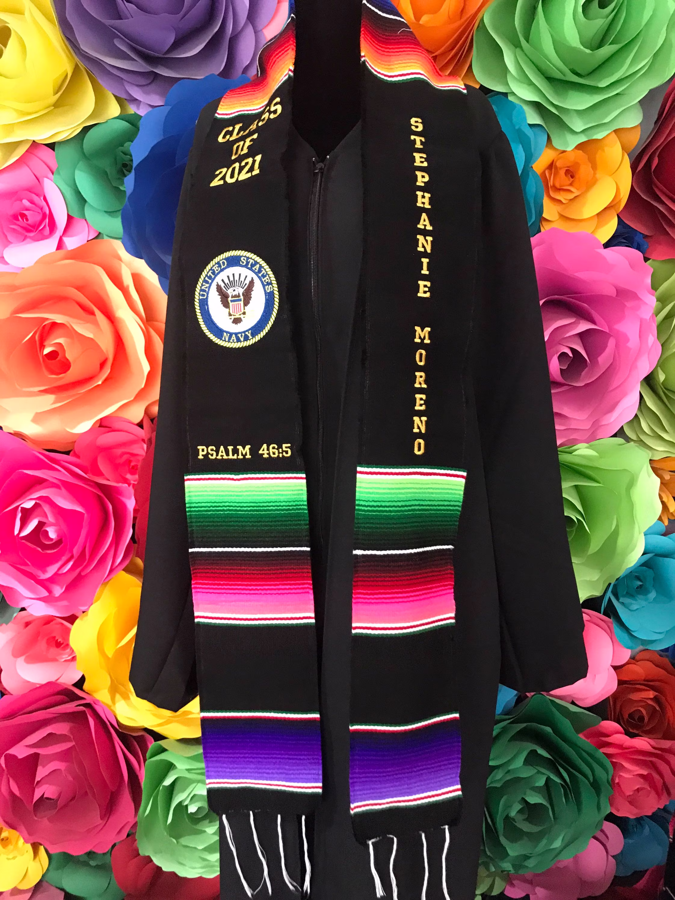 Graduation Class Of 2021 Sarape Zarape Navy School Logo Embroidery Personalized Custom Graduation Sash Your Design