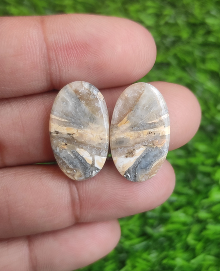 Jasper Cabochon Pair, 23x14mm Oval Shape Gemstone Pair, 22 Ct Loose Cabochon , Grey White Stone, Rare Cabochon, For Making Jewelry