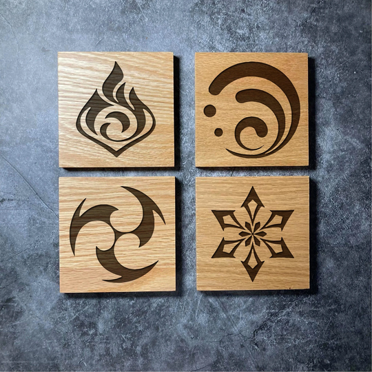 Genshin Class Icon Coasters - Real Solid Oak Wood 7 Designs Impact Classes Icons Etc Laser Engraved Square Wooden Coaster
