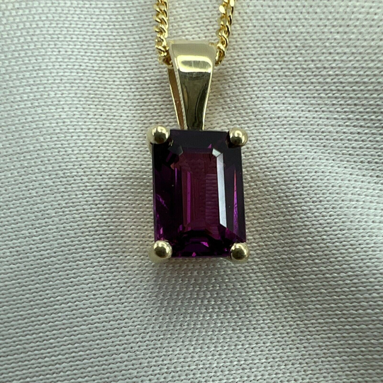 1.15 Carat Neon Purple Rhodolite Garnet 18K Yellow Gold Emerald Cut Pendant