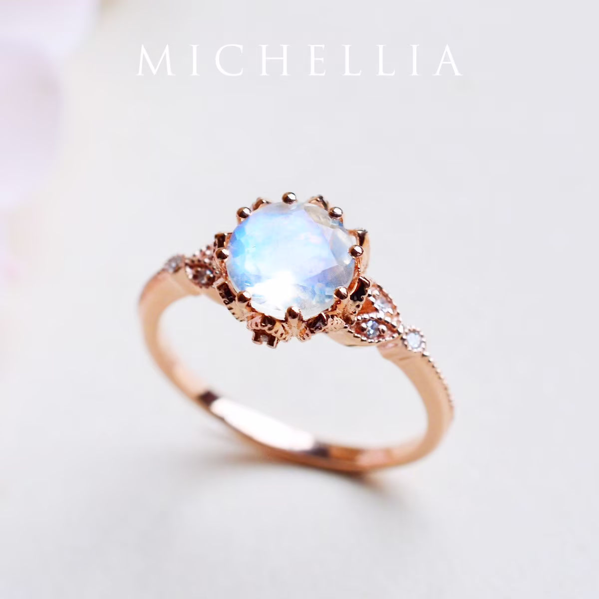 Evanthe Moonstone Engagement Ring, Vintage Floral Laurel Leaf Rose Gold Ring