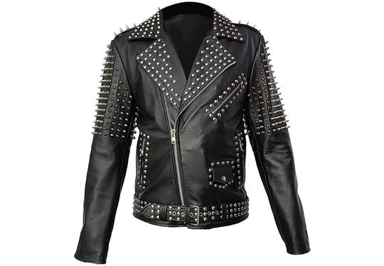 Mens Black Biker Jacket Silver Heavy Metal Spiked Studded Punk Style Cropped - Handmade Genuine Leather Spike