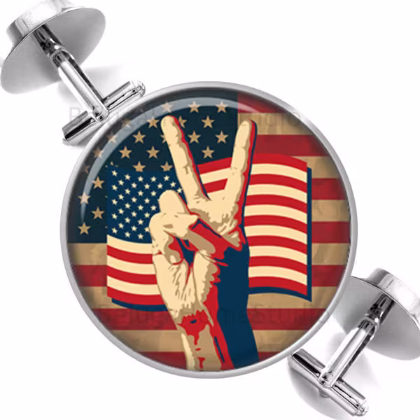 Cufflinks American Flag & Hand Peace Sign Groomsmen Wedding Party Fathers Dads Men
