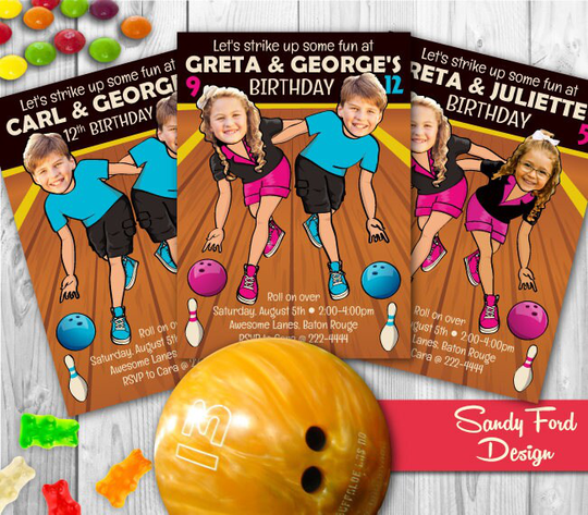 Bowling Birthday Invitation For 2 Children - Personalized With Your Photo Digital File