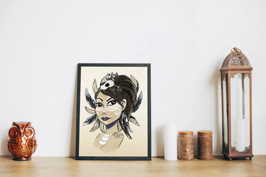 Shaman Witch Art Print, Girl Shiny Glossy Tribe Girl, Nature Lover, Feathers & Bones, Illustration